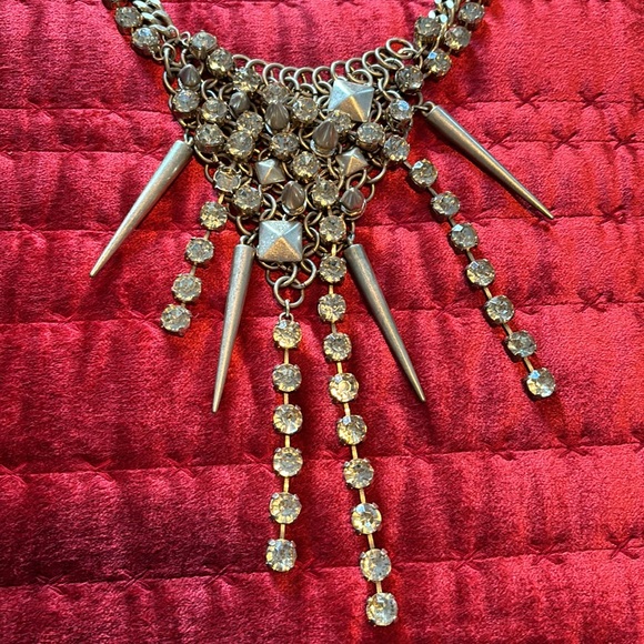 Statement Necklace!  Matte Gold Crystals Metal Mesh Spikes Goth - Picture 9 of 10